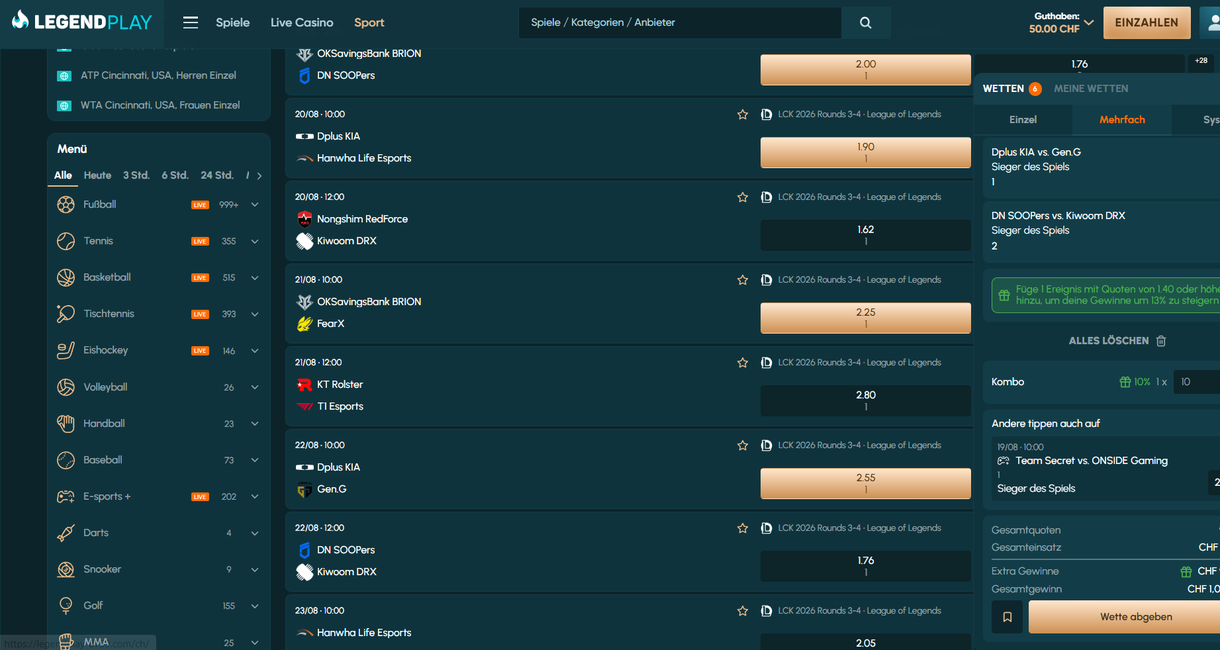 Sportarten-Übersicht und Esports-Angebot bei LegendPlay