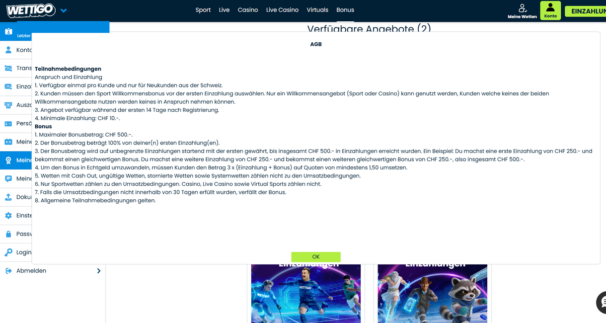 Teilnahmebedingungen des Sport-Willkommensbonus bei Wettigo